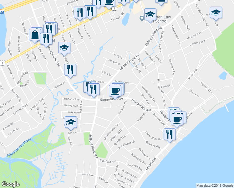map of restaurants, bars, coffee shops, grocery stores, and more near 16 Manilla Avenue in Milford