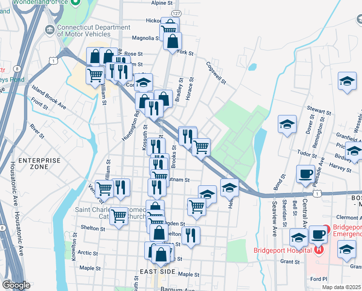 map of restaurants, bars, coffee shops, grocery stores, and more near 748 Boston Avenue in Bridgeport