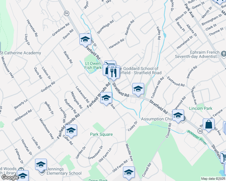 map of restaurants, bars, coffee shops, grocery stores, and more near 1131 Fairfield Woods Road in Fairfield