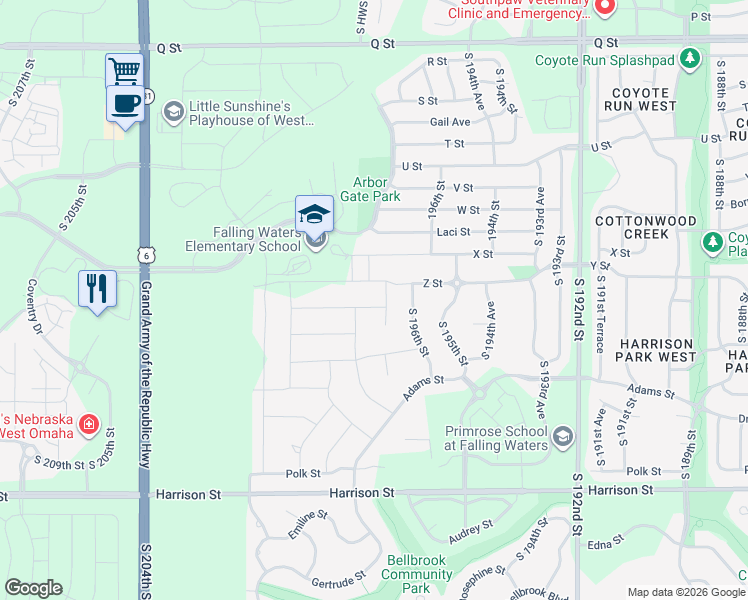 map of restaurants, bars, coffee shops, grocery stores, and more near 6163 South 198th Street in Omaha