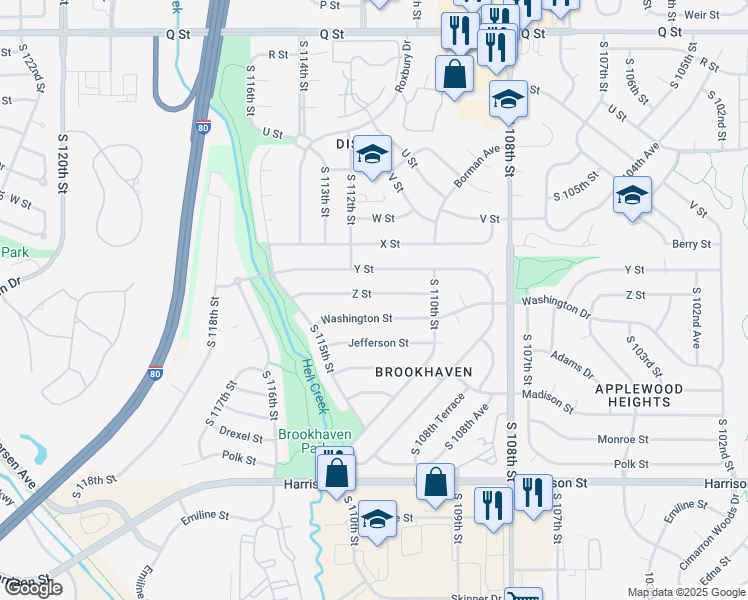 map of restaurants, bars, coffee shops, grocery stores, and more near 11117 Washington Street in Omaha