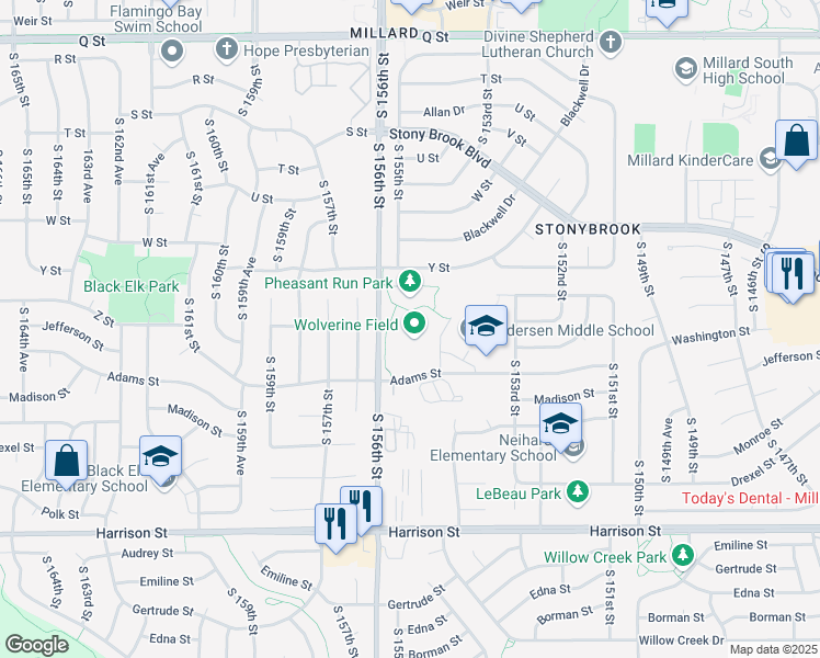 map of restaurants, bars, coffee shops, grocery stores, and more near 15504 Adams Street in Omaha