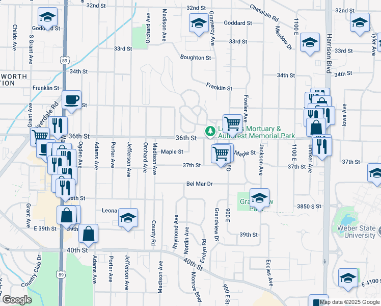 map of restaurants, bars, coffee shops, grocery stores, and more near 824 37th Street in Ogden