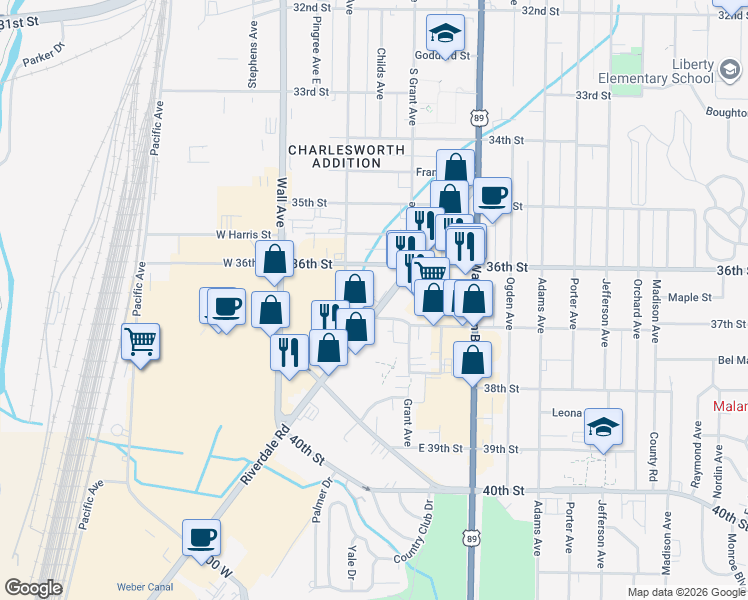 map of restaurants, bars, coffee shops, grocery stores, and more near 257 37th Street in Ogden