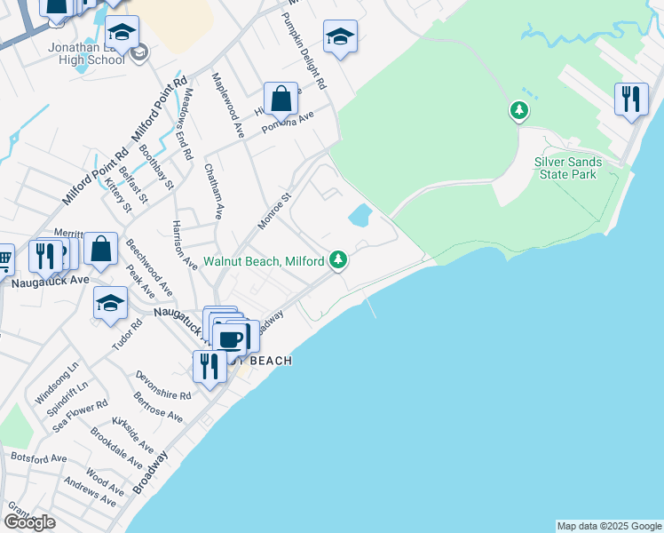 map of restaurants, bars, coffee shops, grocery stores, and more near 160 East Broadway in Milford