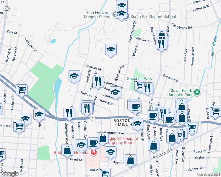 map of restaurants, bars, coffee shops, grocery stores, and more near 101 Birdsey Street in Bridgeport