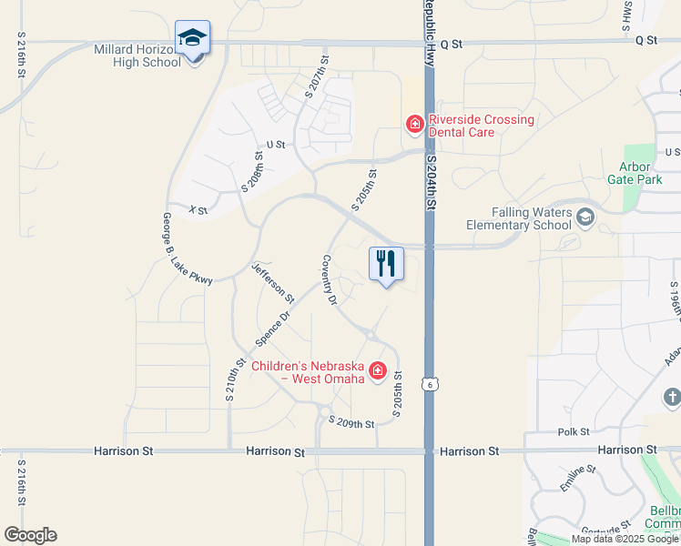 map of restaurants, bars, coffee shops, grocery stores, and more near 6060 Coventry Drive in Omaha