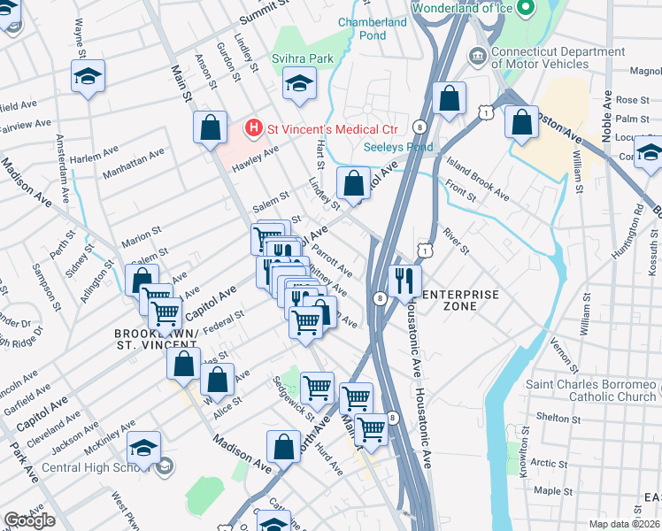 map of restaurants, bars, coffee shops, grocery stores, and more near 148 Whitney Avenue in Bridgeport