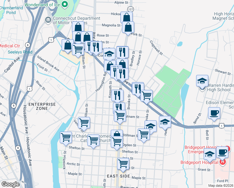 map of restaurants, bars, coffee shops, grocery stores, and more near 44 Autumn Street in Bridgeport