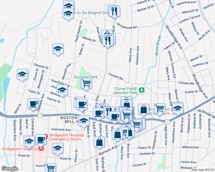 map of restaurants, bars, coffee shops, grocery stores, and more near 340 Success Avenue in Bridgeport