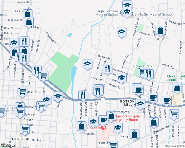 map of restaurants, bars, coffee shops, grocery stores, and more near 256 Bond Street in Bridgeport