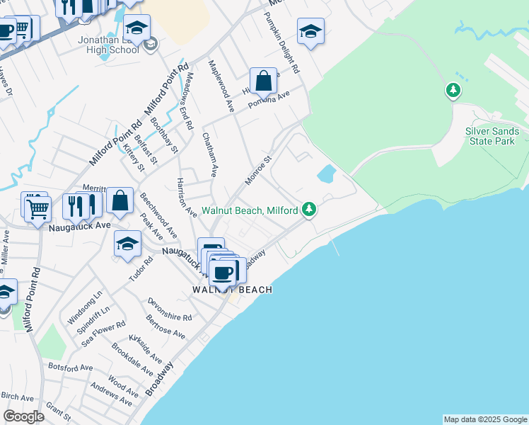 map of restaurants, bars, coffee shops, grocery stores, and more near 100 Viscount Drive in Milford