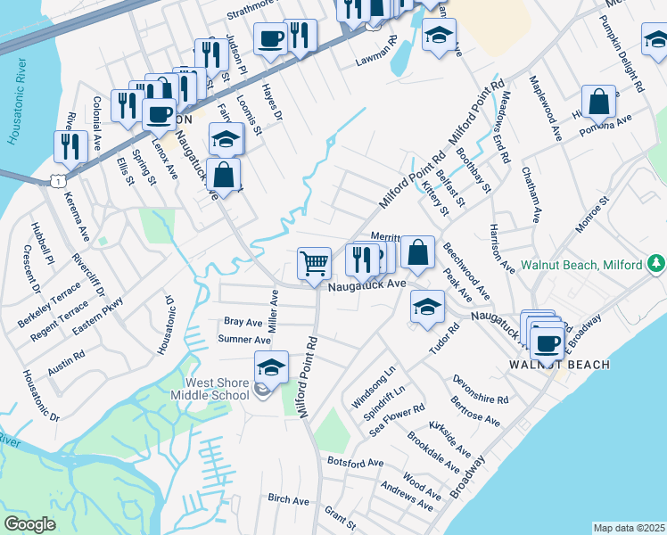 map of restaurants, bars, coffee shops, grocery stores, and more near 13 Lincoln Avenue in Milford