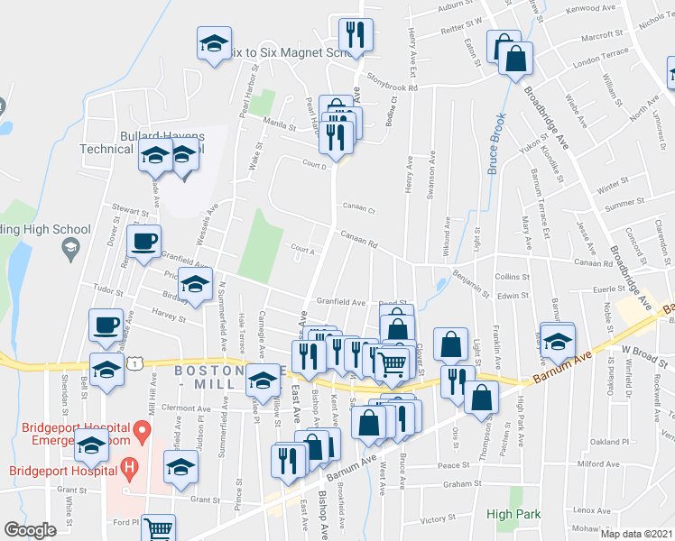 map of restaurants, bars, coffee shops, grocery stores, and more near 340 Success Avenue in Bridgeport