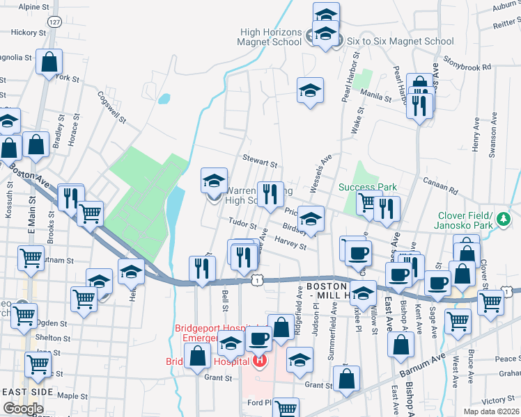 map of restaurants, bars, coffee shops, grocery stores, and more near 310 Dover Street in Bridgeport