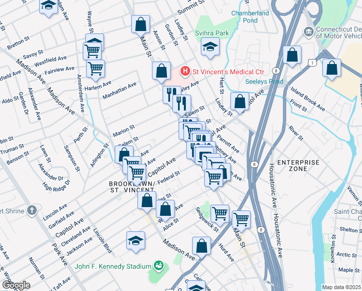 map of restaurants, bars, coffee shops, grocery stores, and more near 25 Lincoln Avenue in Bridgeport
