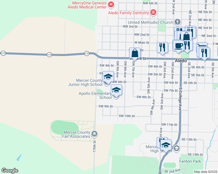map of restaurants, bars, coffee shops, grocery stores, and more near 1007 Southwest 6th Street in Aledo