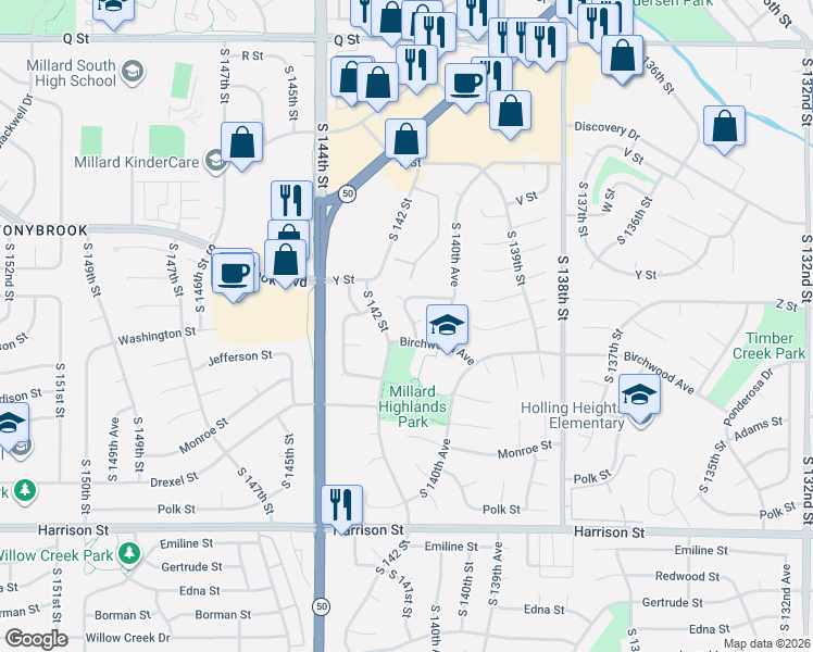 map of restaurants, bars, coffee shops, grocery stores, and more near 14035 Washington Street in Omaha