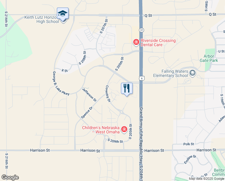 map of restaurants, bars, coffee shops, grocery stores, and more near 6060 South 209th Circle in Gretna