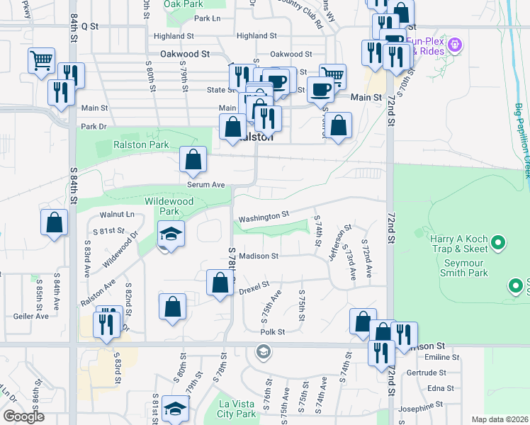 map of restaurants, bars, coffee shops, grocery stores, and more near 6115 South 77th Street in Ralston