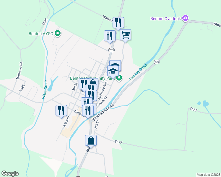 map of restaurants, bars, coffee shops, grocery stores, and more near Park Street in Benton