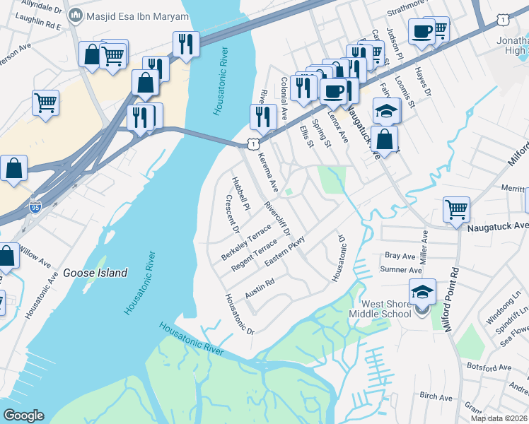 map of restaurants, bars, coffee shops, grocery stores, and more near 61 Rivercliff Drive in Milford