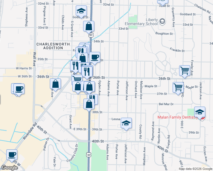 map of restaurants, bars, coffee shops, grocery stores, and more near 3645 Adams Avenue in Ogden