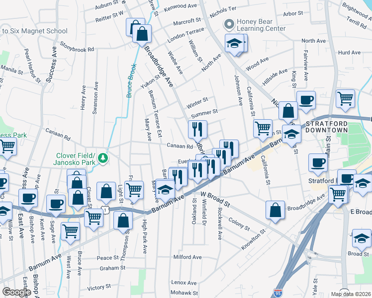 map of restaurants, bars, coffee shops, grocery stores, and more near 51 Canaan Road in Stratford