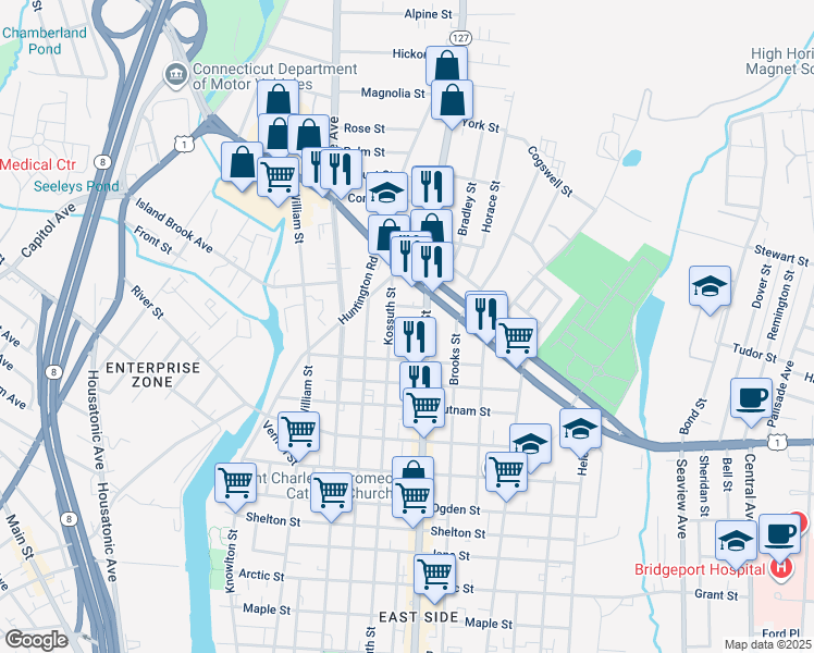 map of restaurants, bars, coffee shops, grocery stores, and more near in Bridgeport