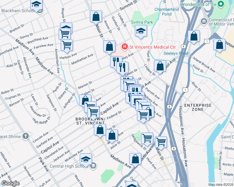 map of restaurants, bars, coffee shops, grocery stores, and more near 25 Lincoln Avenue in Bridgeport