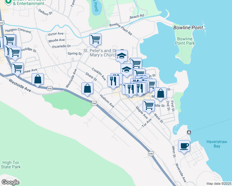 map of restaurants, bars, coffee shops, grocery stores, and more near 56 West Broad Street in Haverstraw