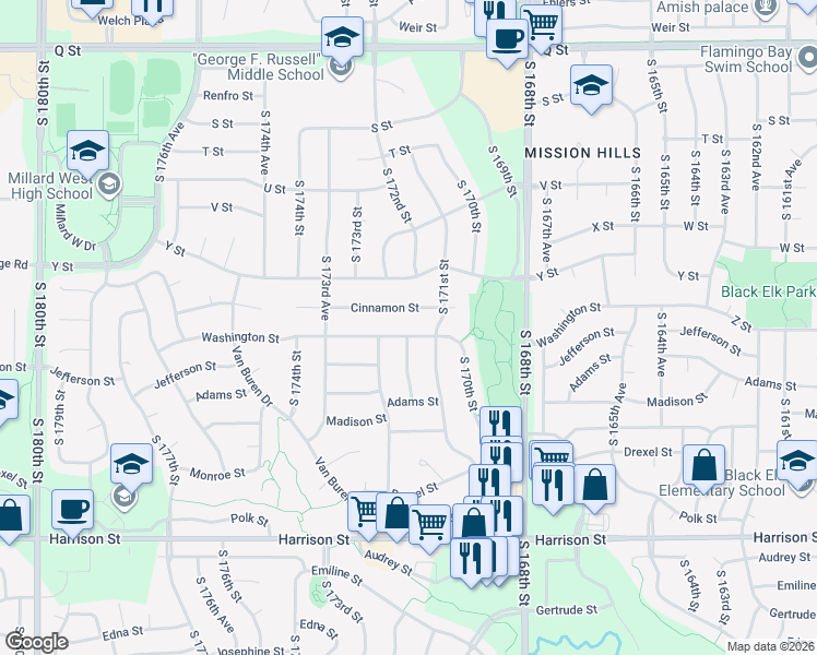 map of restaurants, bars, coffee shops, grocery stores, and more near 17117 Cinnamon Street in Omaha