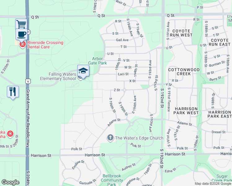 map of restaurants, bars, coffee shops, grocery stores, and more near 19520 Y Street in Omaha