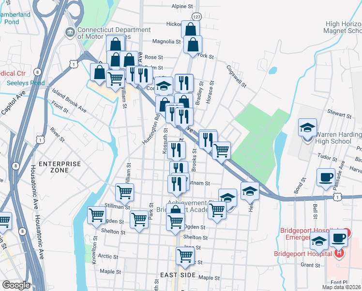 map of restaurants, bars, coffee shops, grocery stores, and more near 1629 East Main Street in Bridgeport