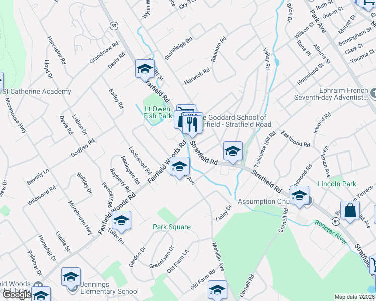 map of restaurants, bars, coffee shops, grocery stores, and more near 90 Newman Place in Fairfield