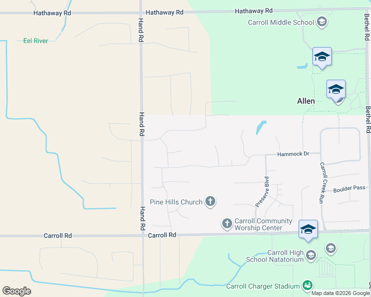 map of restaurants, bars, coffee shops, grocery stores, and more near 12034 Hand Road in Fort Wayne