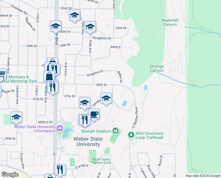 map of restaurants, bars, coffee shops, grocery stores, and more near 1500 36th Street in Ogden