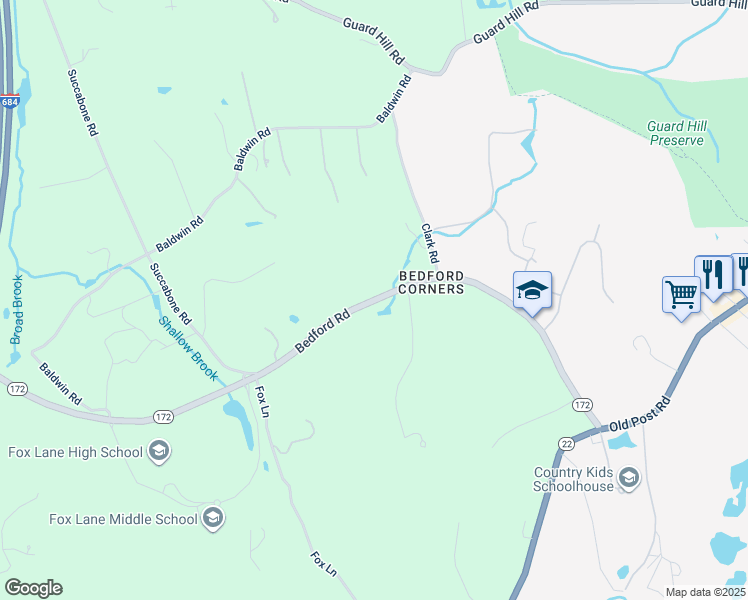 map of restaurants, bars, coffee shops, grocery stores, and more near 647 Bedford Road in Mount Kisco