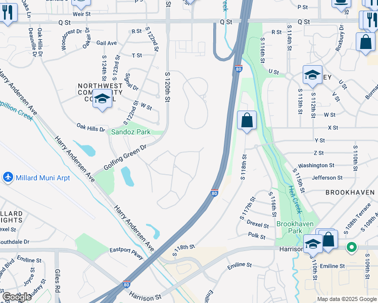 map of restaurants, bars, coffee shops, grocery stores, and more near 5505 South 120th Plaza in Omaha