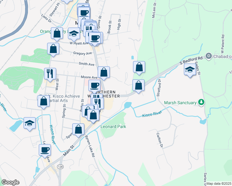 map of restaurants, bars, coffee shops, grocery stores, and more near 15 South Bedford Road in Mount Kisco