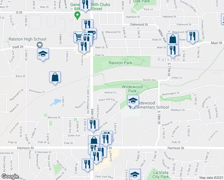 map of restaurants, bars, coffee shops, grocery stores, and more near 8202 Walnut Lane in Ralston