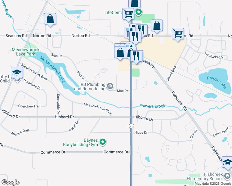 map of restaurants, bars, coffee shops, grocery stores, and more near 1555 Mac Drive in Stow