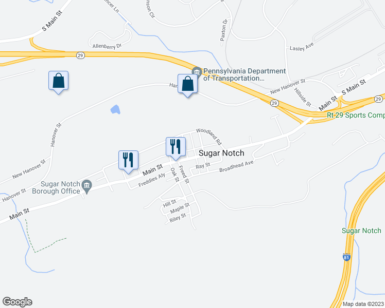 map of restaurants, bars, coffee shops, grocery stores, and more near 705 Main Street in Sugar Notch