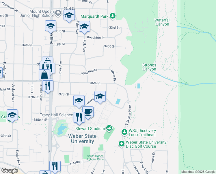 map of restaurants, bars, coffee shops, grocery stores, and more near 3614 Taylor Avenue in Ogden