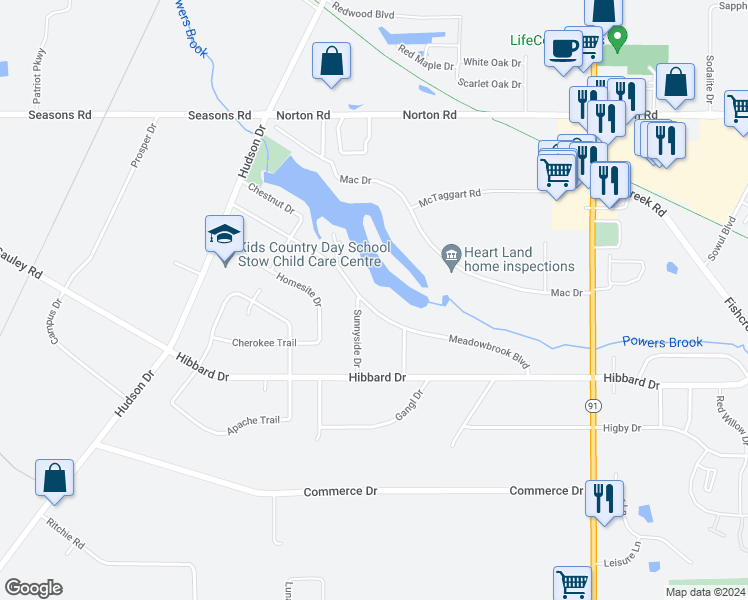 map of restaurants, bars, coffee shops, grocery stores, and more near 1367 Meadowbrook Boulevard in Stow