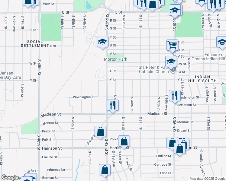 map of restaurants, bars, coffee shops, grocery stores, and more near 6020 South 41st Avenue in Omaha