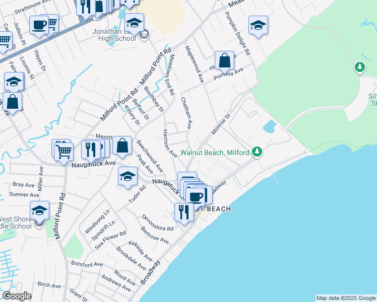 map of restaurants, bars, coffee shops, grocery stores, and more near 23 Chatham Avenue in Milford