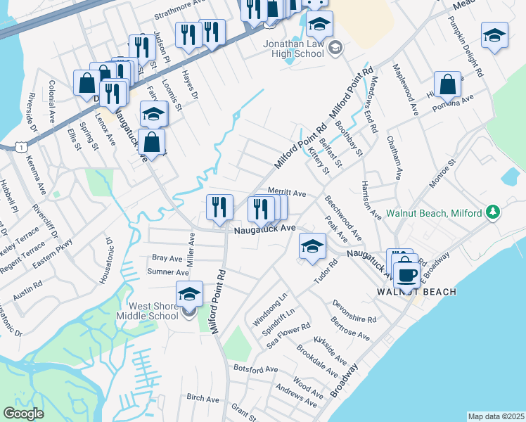 map of restaurants, bars, coffee shops, grocery stores, and more near 693 Milford Point Road in Milford