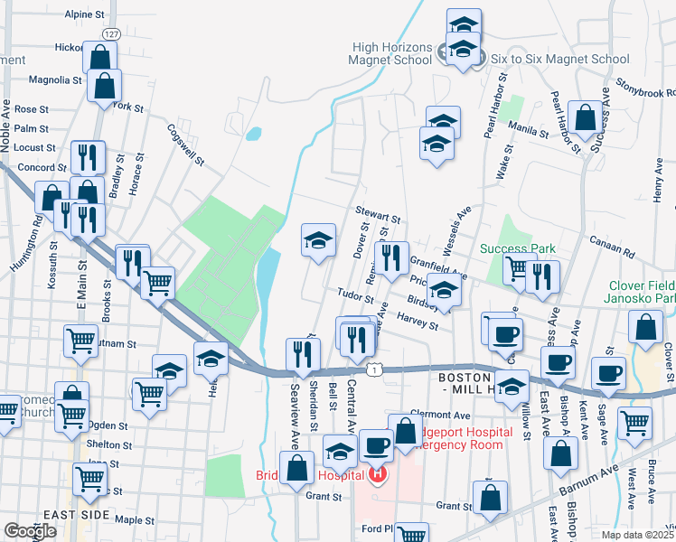 map of restaurants, bars, coffee shops, grocery stores, and more near 31e Bond Street in Bridgeport