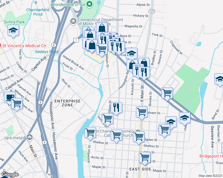 map of restaurants, bars, coffee shops, grocery stores, and more near 964 William Street in Bridgeport